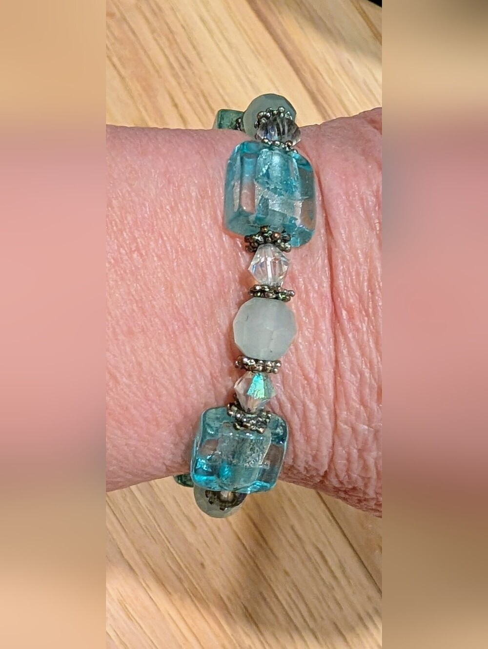 Beaded Aqua Glass and Crystal Stretch Bracelet